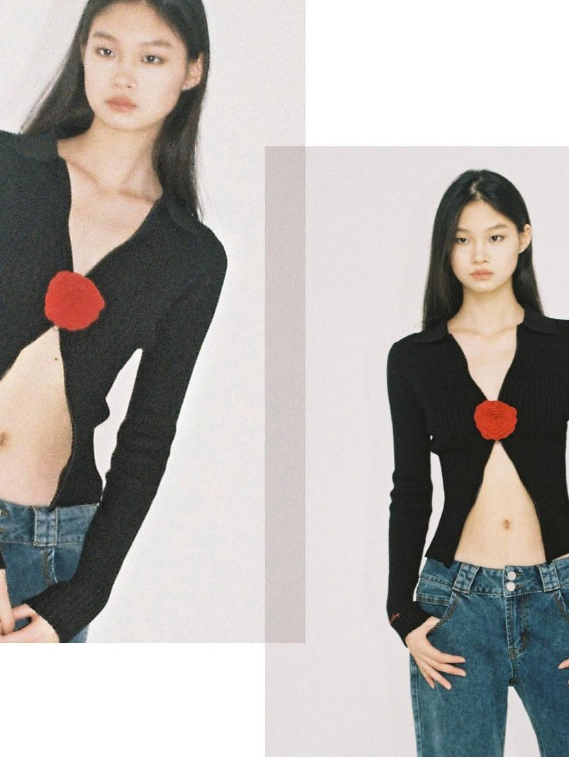 SweetChilling Flower Brooch Knit Two Way Zipper Slim Fit Women&