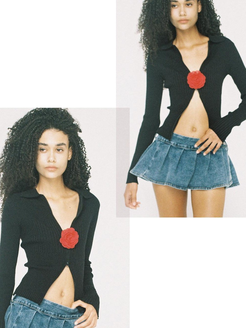 SweetChilling Flower Brooch Knit Two Way Zipper Slim Fit Women&