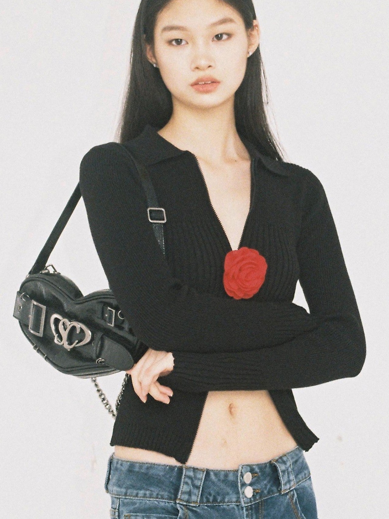SweetChilling Flower Brooch Knit Two Way Zipper Slim Fit Women&