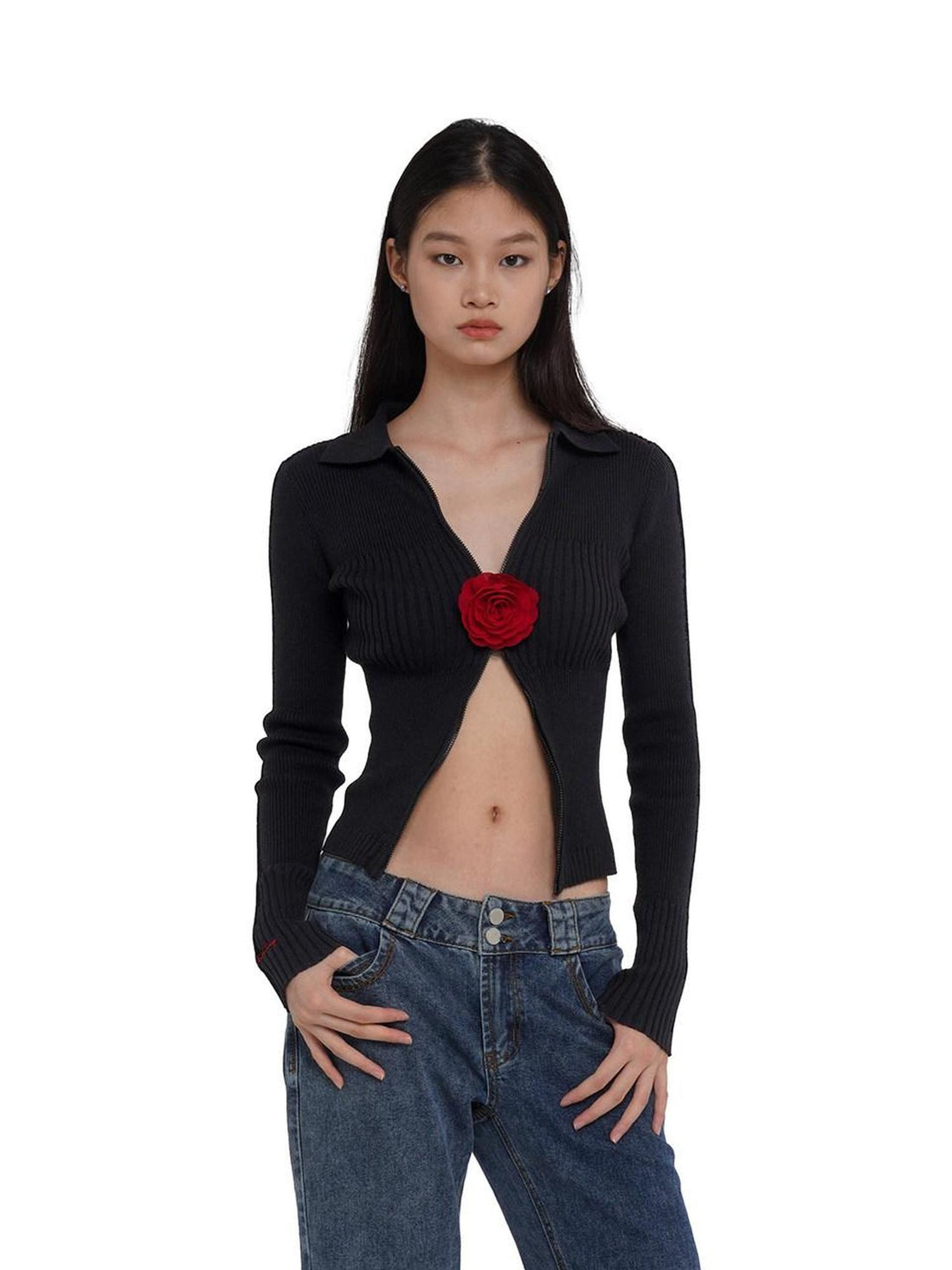 SweetChilling Flower Brooch Knit Two Way Zipper Slim Fit Women&