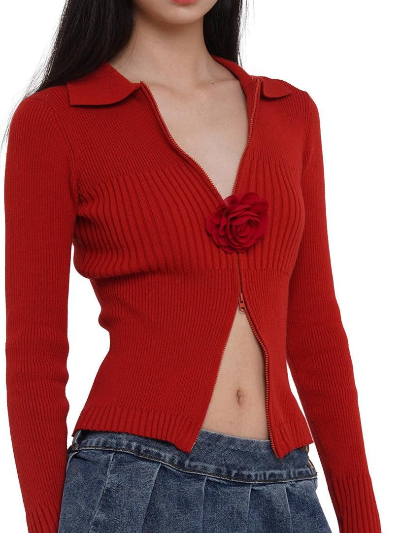 SweetChilling Flower Brooch Knit Two Way Zipper Slim Fit Women&