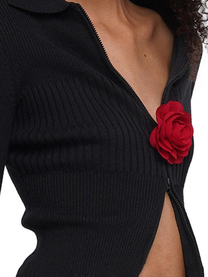 SweetChilling Flower Brooch Knit Two Way Zipper Slim Fit Women&