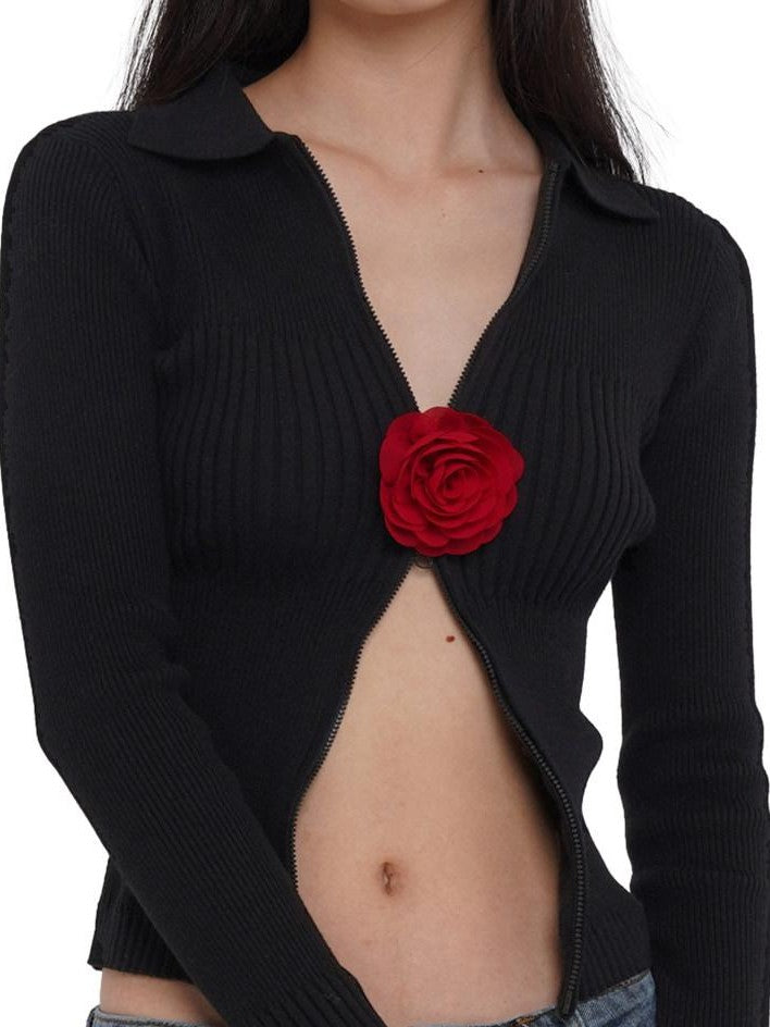 SweetChilling Flower Brooch Knit Two Way Zipper Slim Fit Women&