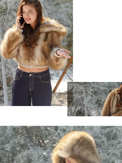 SweetChilling Fluffy Hooded Eco Faux Fur Women&