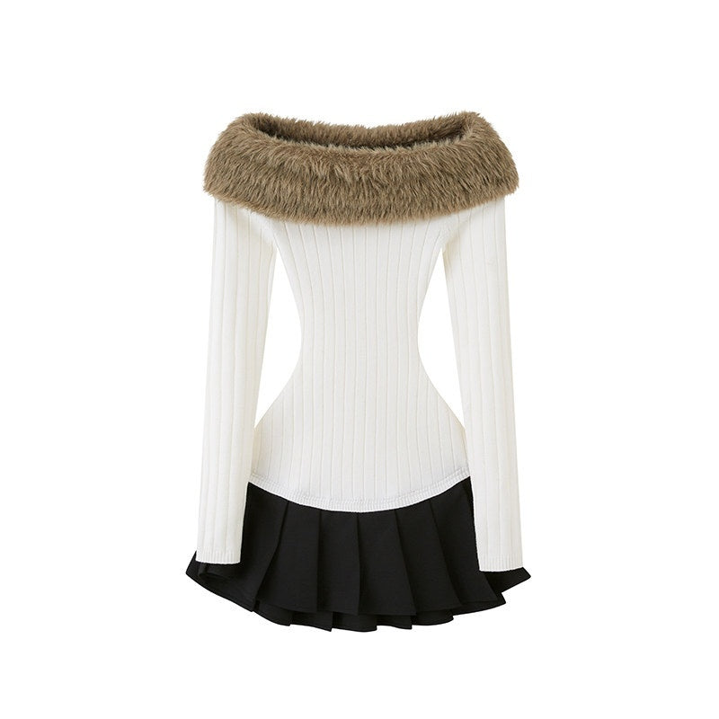 SweetChilling_Fuzzy_Bardot_Spliced_Pleated_Cinched_Waist_Women&