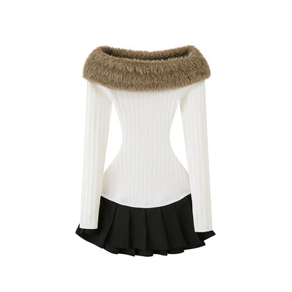 SweetChilling_Fuzzy_Bardot_Spliced_Pleated_Cinched_Waist_Women&