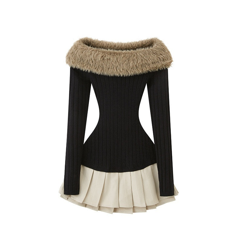 SweetChilling_Fuzzy_Bardot_Spliced_Pleated_Cinched_Waist_Women&