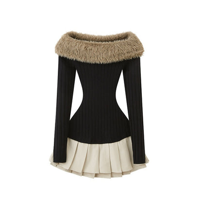 SweetChilling_Fuzzy_Bardot_Spliced_Pleated_Cinched_Waist_Women&