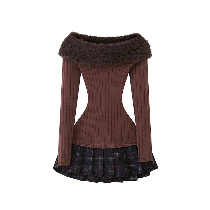SweetChilling_Fuzzy_Bardot_Spliced_Pleated_Cinched_Waist_Women&