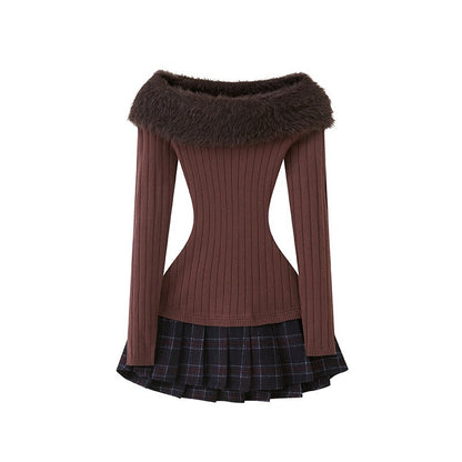 SweetChilling_Fuzzy_Bardot_Spliced_Pleated_Cinched_Waist_Women&