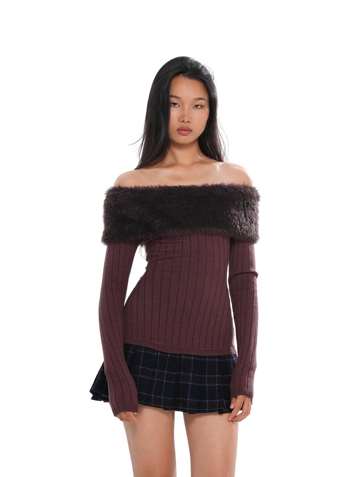 SweetChilling Fuzzy Bardot Spliced Pleated Cinched Waist Women&