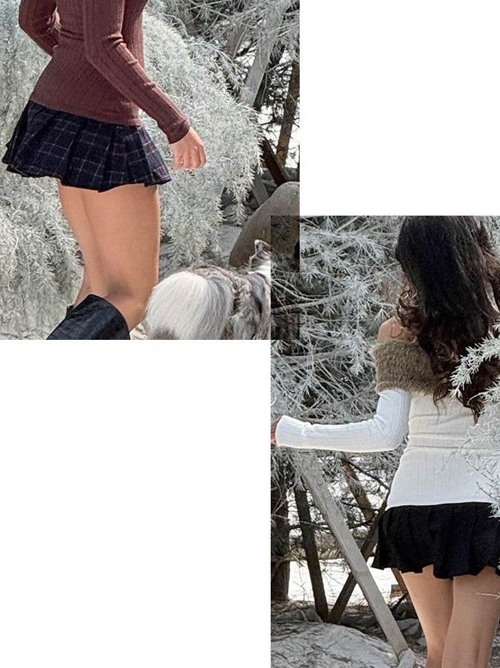 SweetChilling Fuzzy Bardot Spliced Pleated Cinched Waist Women&