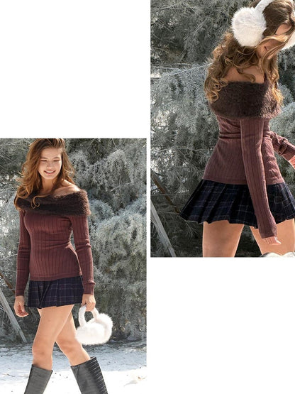 SweetChilling Fuzzy Bardot Spliced Pleated Cinched Waist Women&