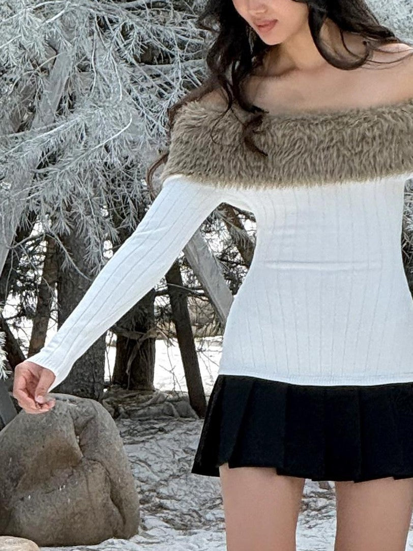 SweetChilling Fuzzy Bardot Spliced Pleated Cinched Waist Women&