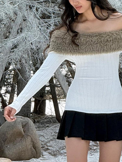 SweetChilling Fuzzy Bardot Spliced Pleated Cinched Waist Women&