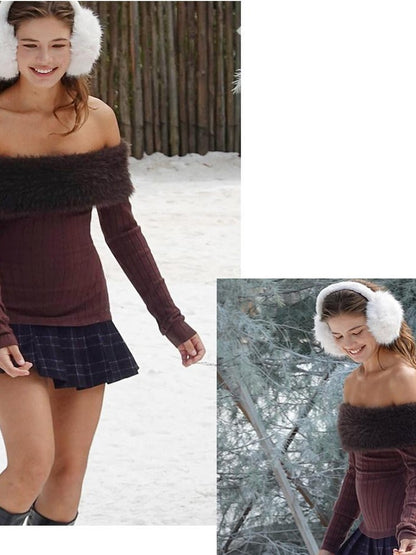 SweetChilling Fuzzy Bardot Spliced Pleated Cinched Waist Women&