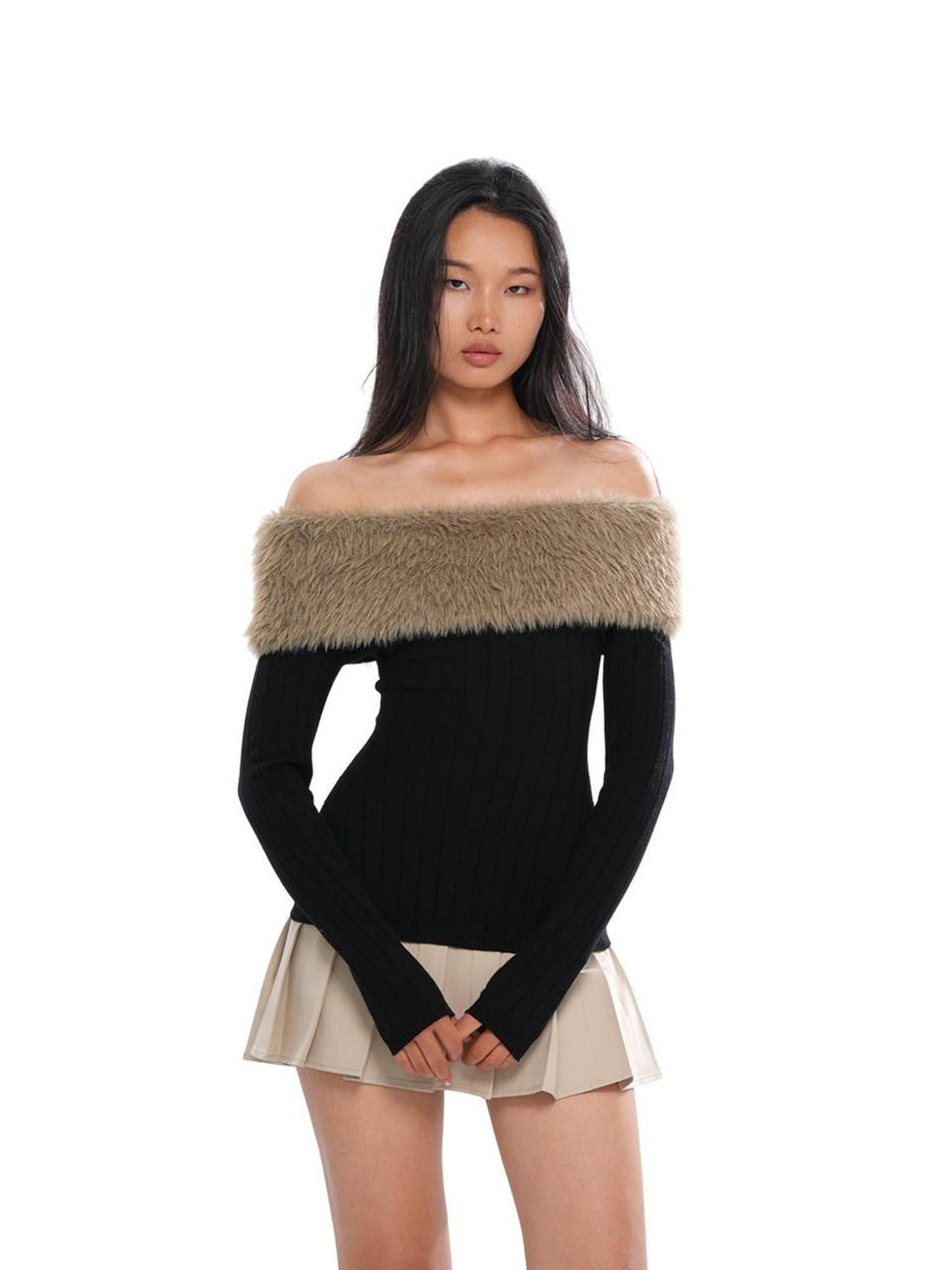 SweetChilling Fuzzy Bardot Spliced Pleated Cinched Waist Women&