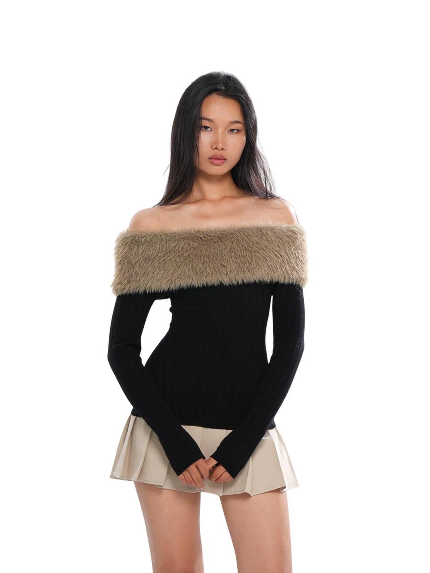 SweetChilling Fuzzy Bardot Spliced Pleated Cinched Waist Women&