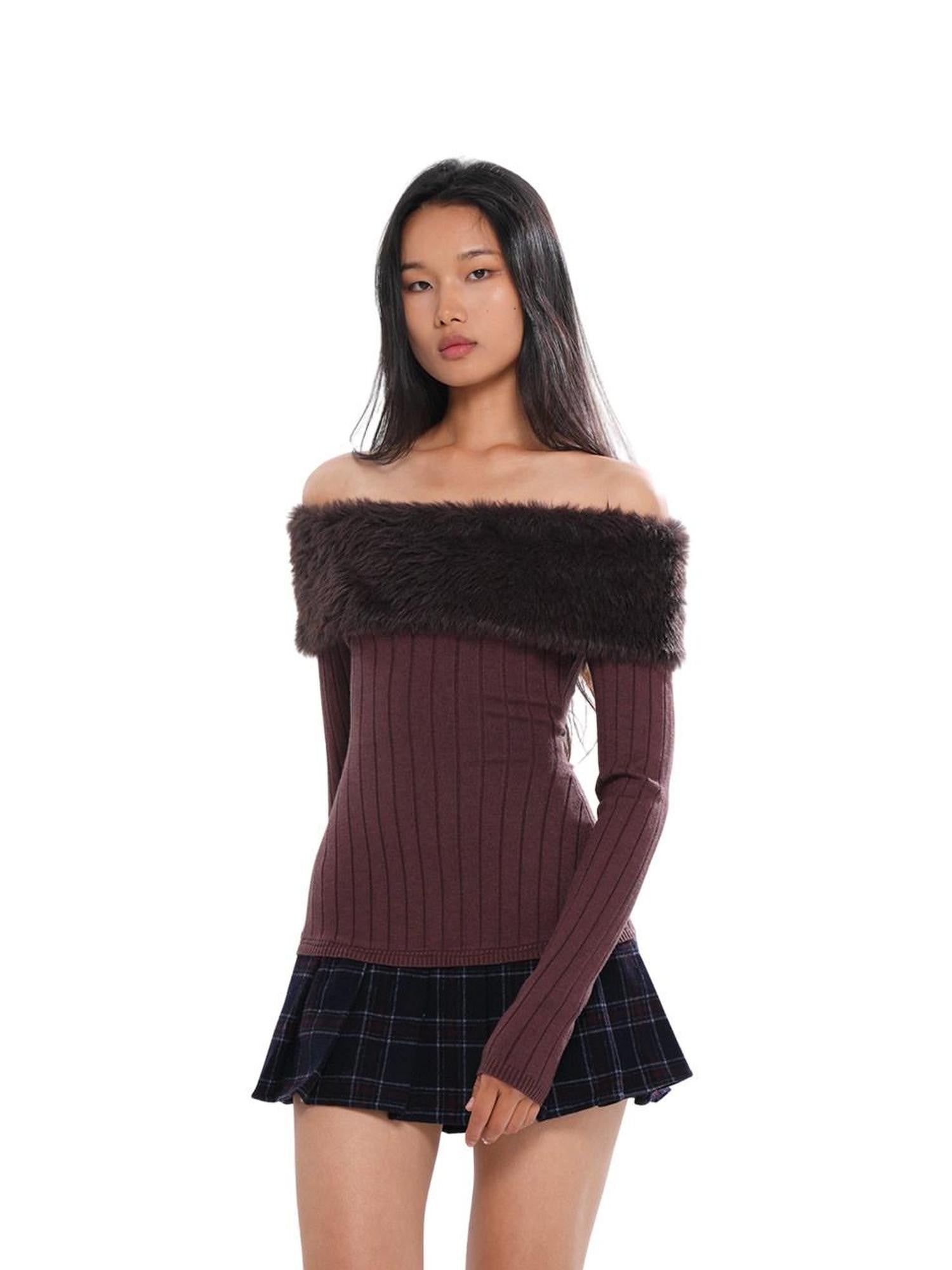SweetChilling Fuzzy Bardot Spliced Pleated Cinched Waist Women&
