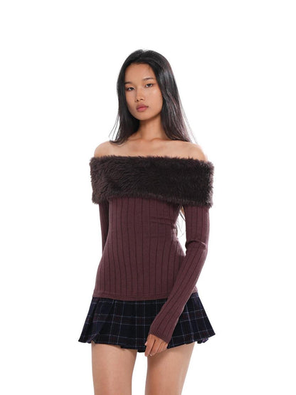 SweetChilling Fuzzy Bardot Spliced Pleated Cinched Waist Women&