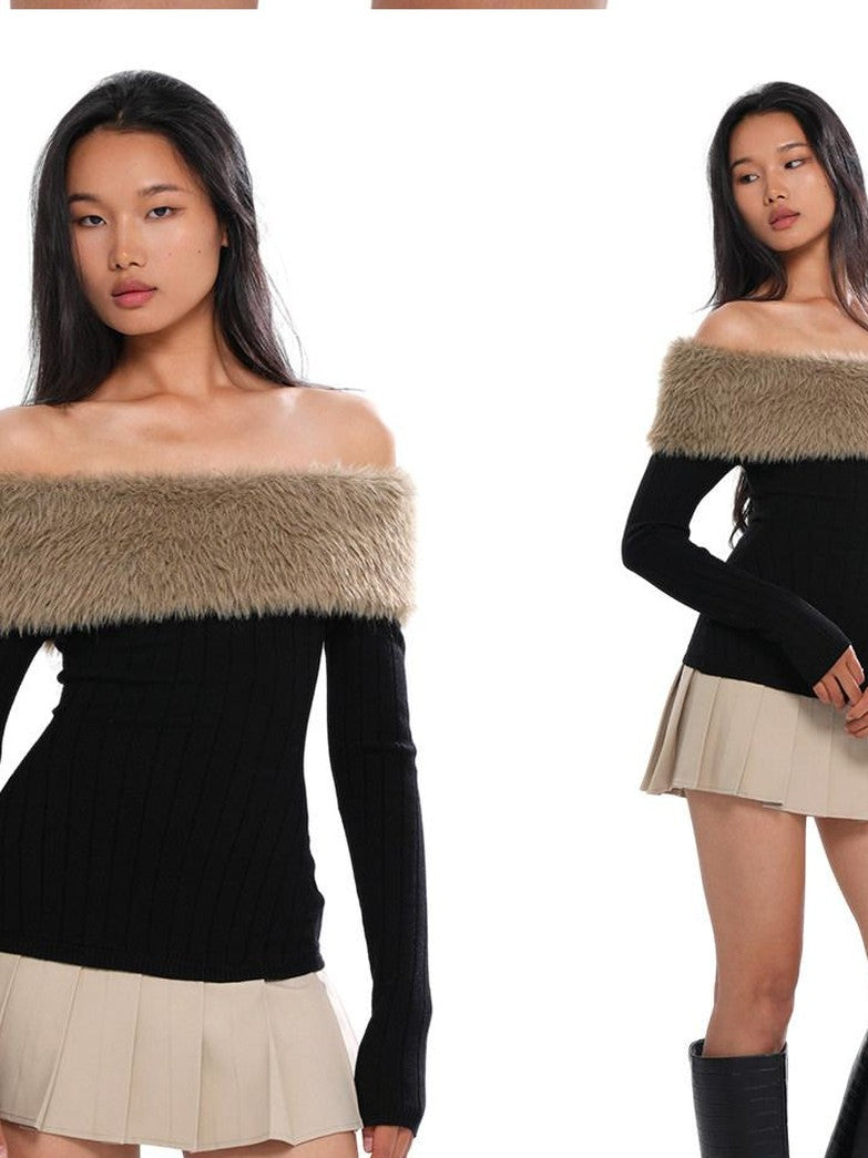 SweetChilling Fuzzy Bardot Spliced Pleated Cinched Waist Women&