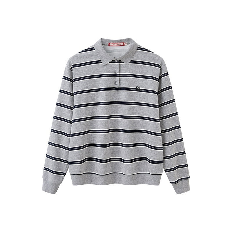SweetChilling Gray Striped Polo Collar Women&