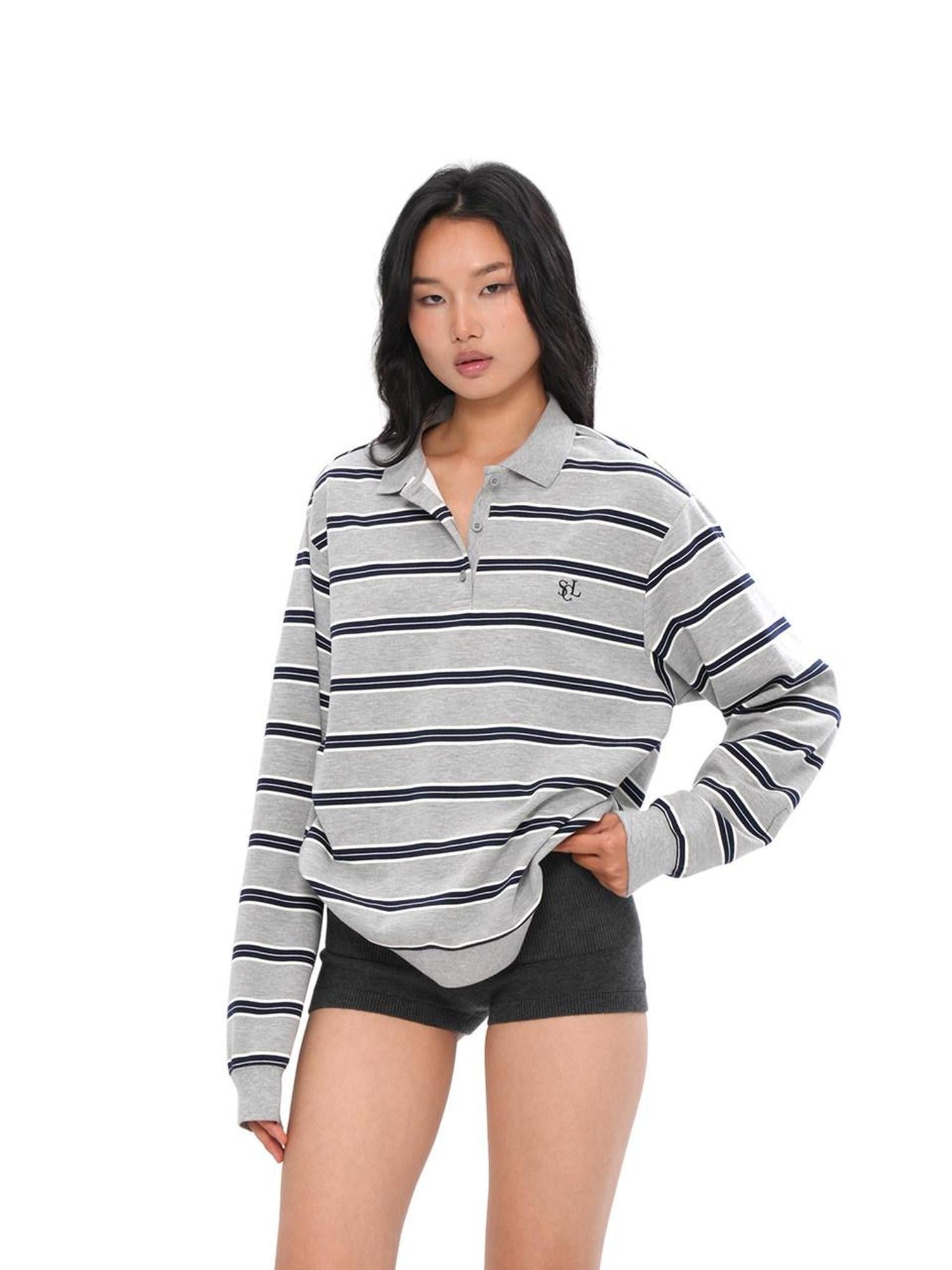SweetChilling Gray Striped Polo Collar Women&