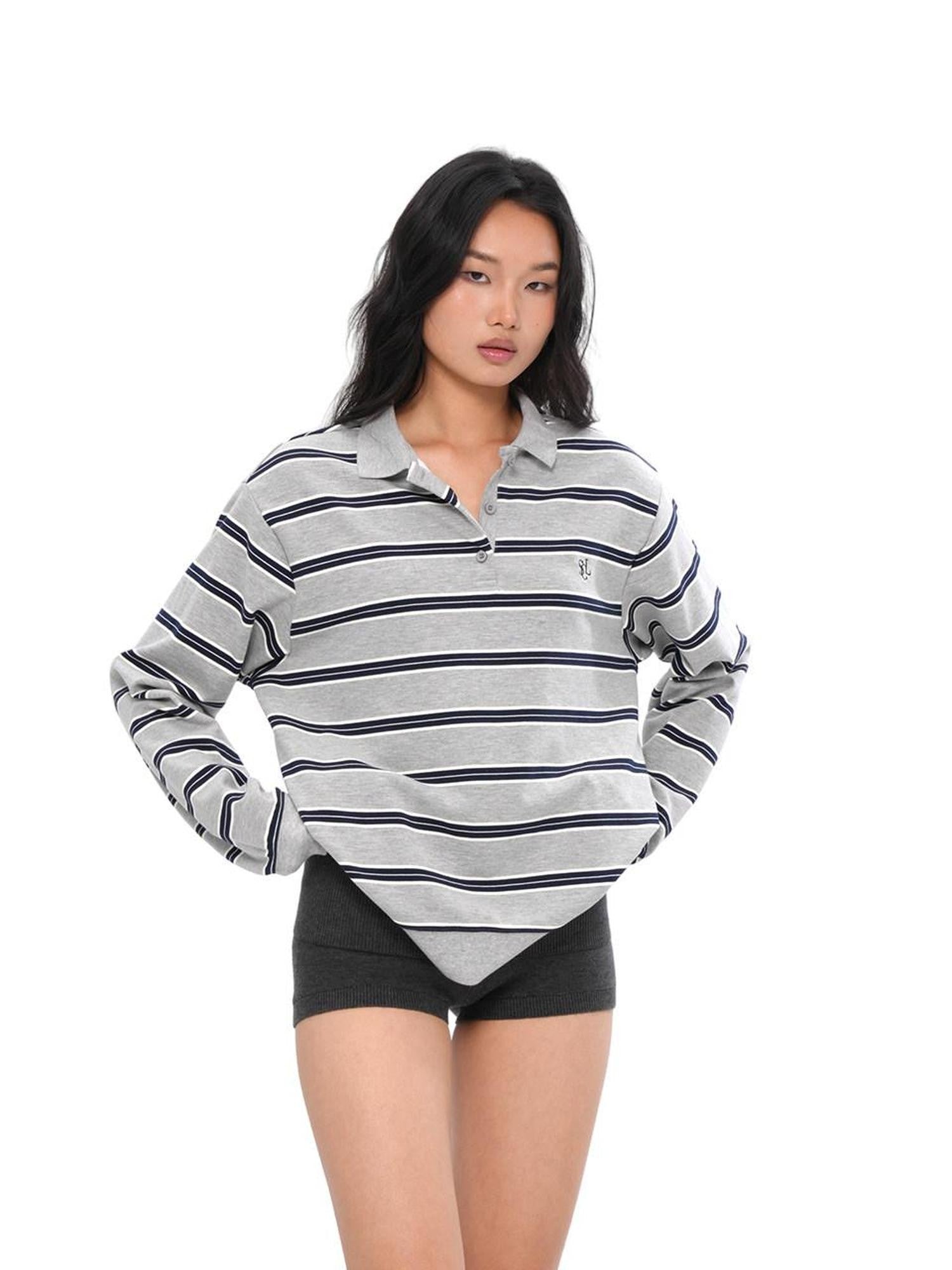 SweetChilling Gray Striped Polo Collar Women&