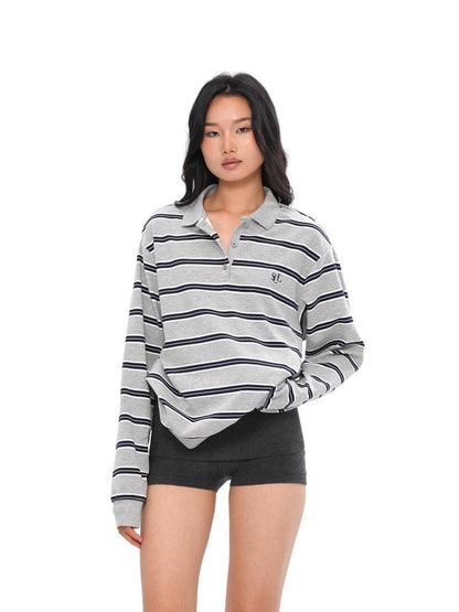 SweetChilling Gray Striped Polo Collar Women&