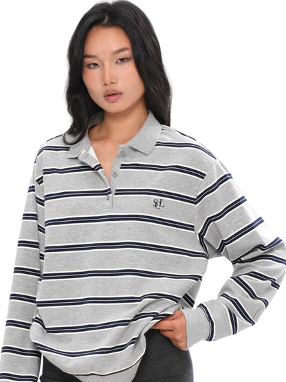 SweetChilling Gray Striped Polo Collar Women&