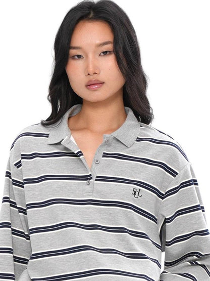 SweetChilling Gray Striped Polo Collar Women&