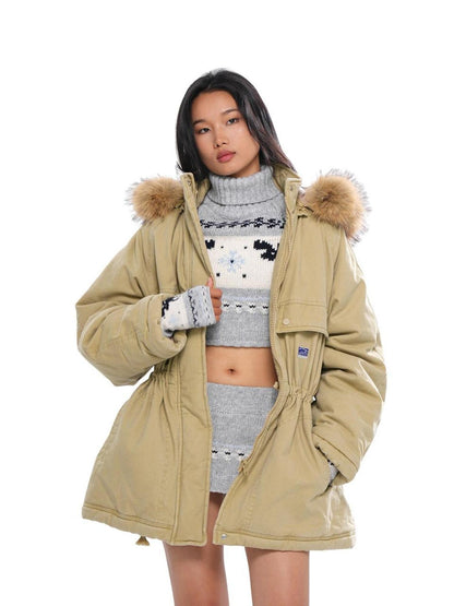 SweetChilling Khaki Detachable Hood Quilted Vintage Parka Women&