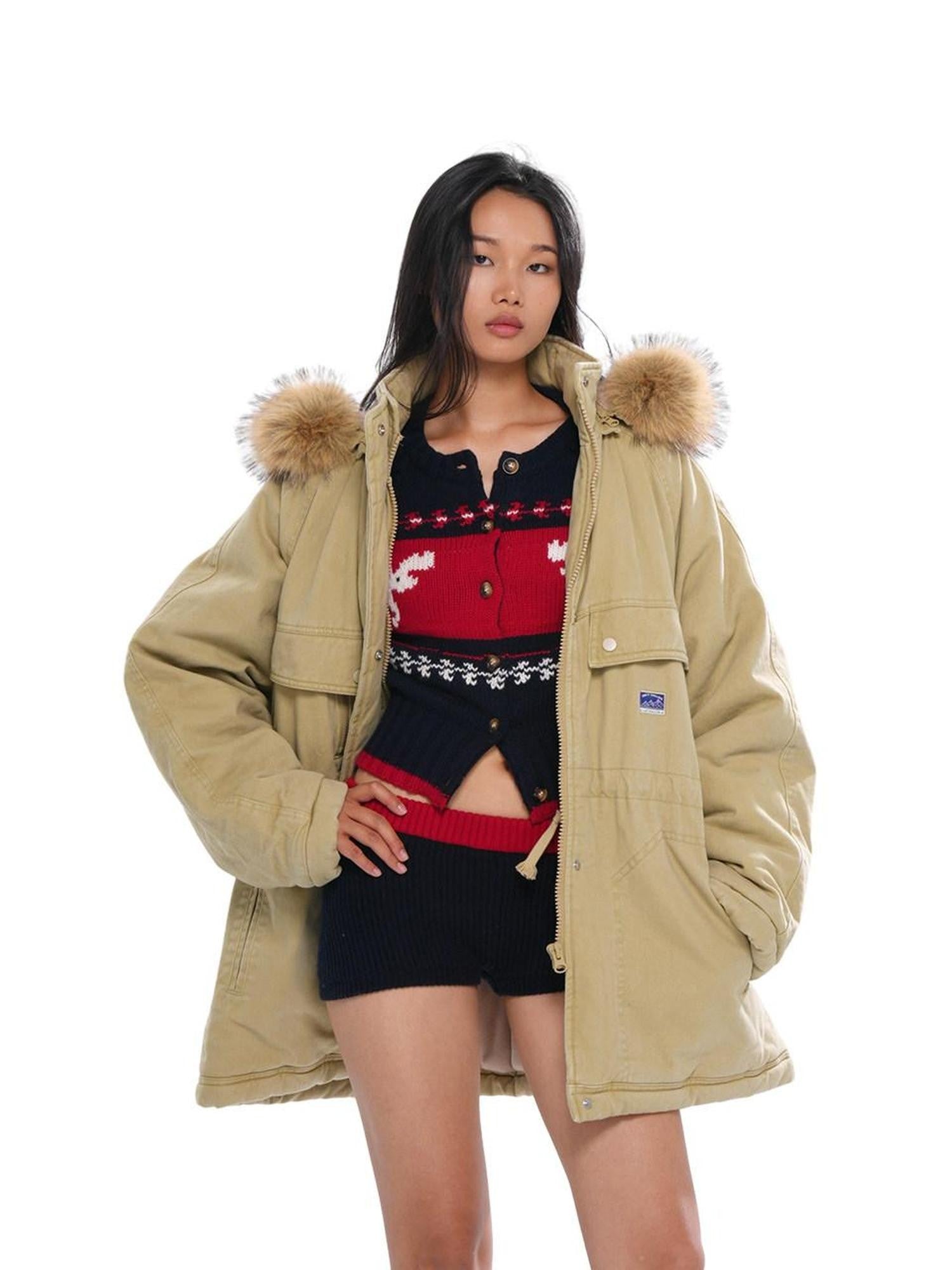 SweetChilling Khaki Detachable Hood Quilted Vintage Parka Women&