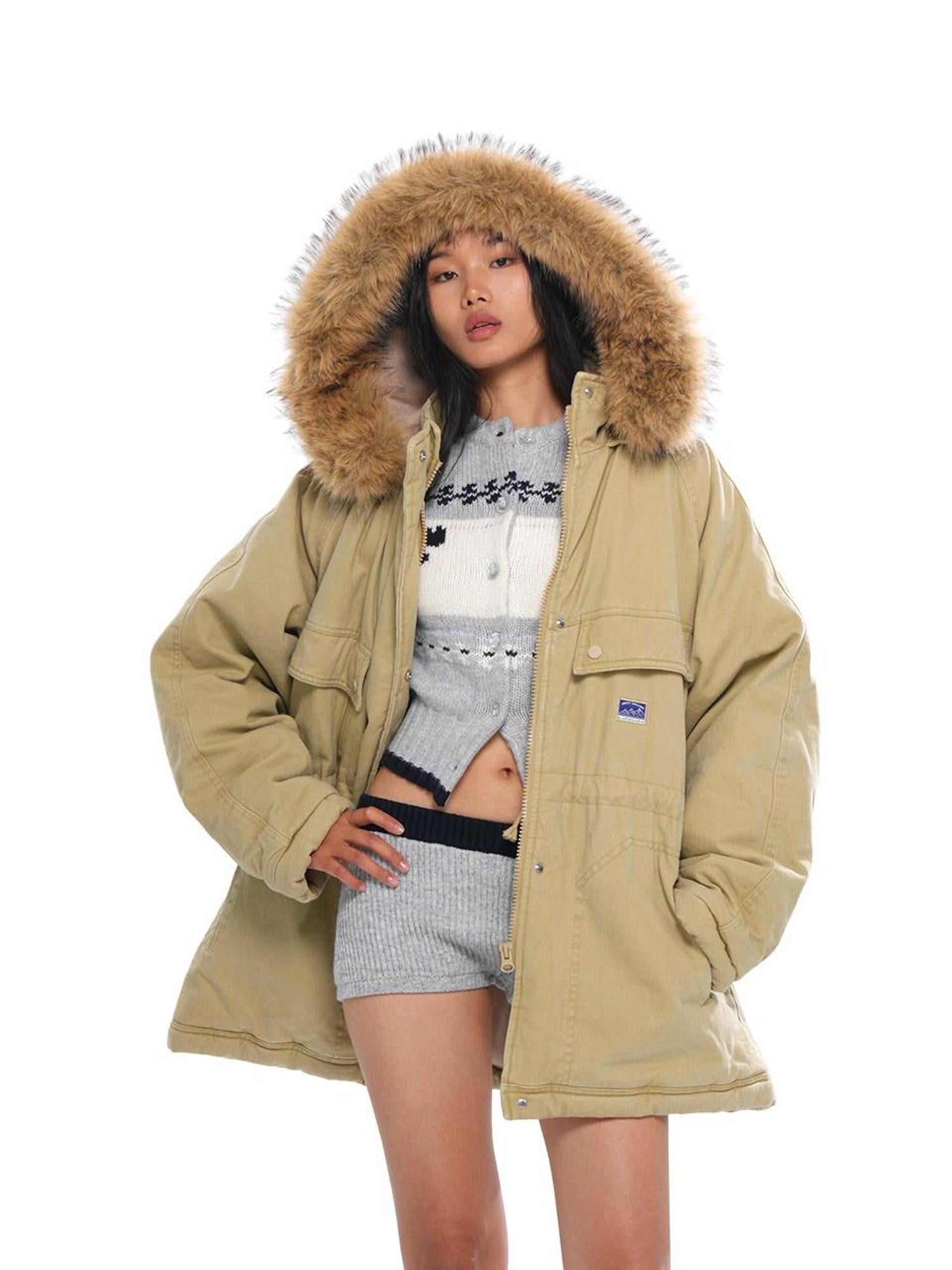 SweetChilling Khaki Detachable Hood Quilted Vintage Parka Women&