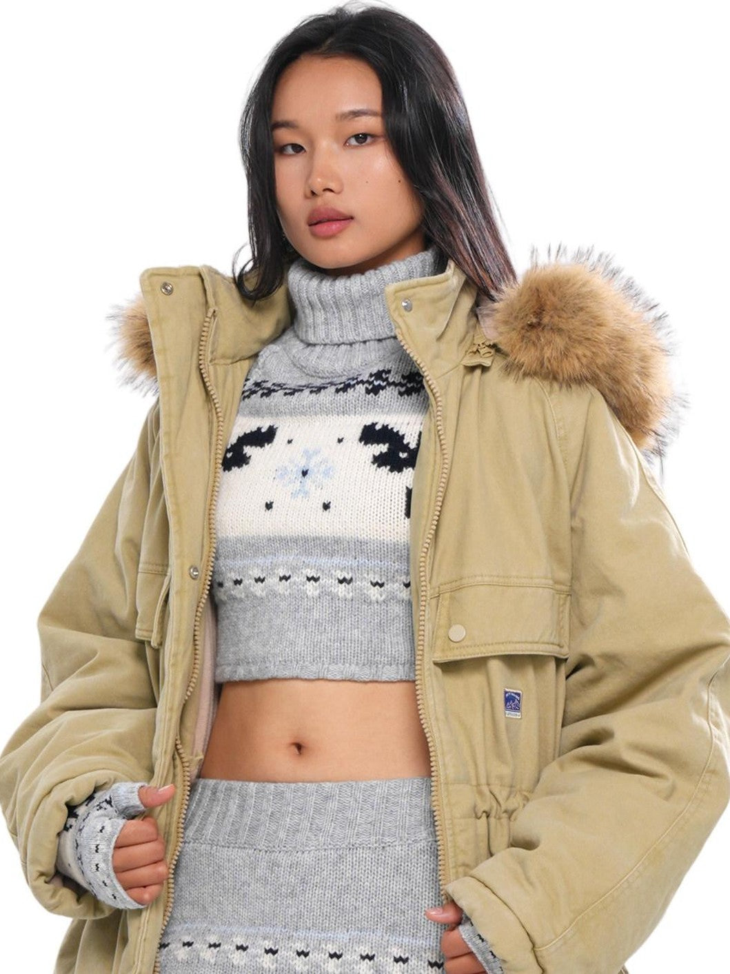 SweetChilling Khaki Detachable Hood Quilted Vintage Parka Women&