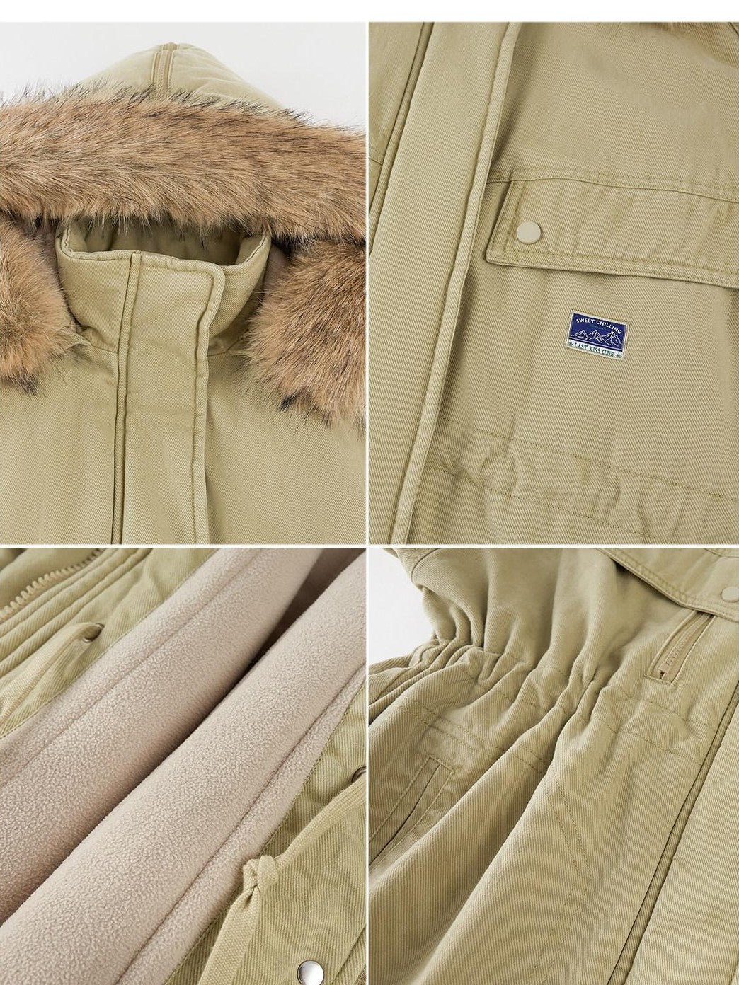 SweetChilling Khaki Detachable Hood Quilted Vintage Parka Women&