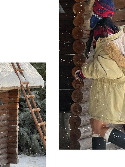 SweetChilling Khaki Detachable Hood Quilted Vintage Parka Women&