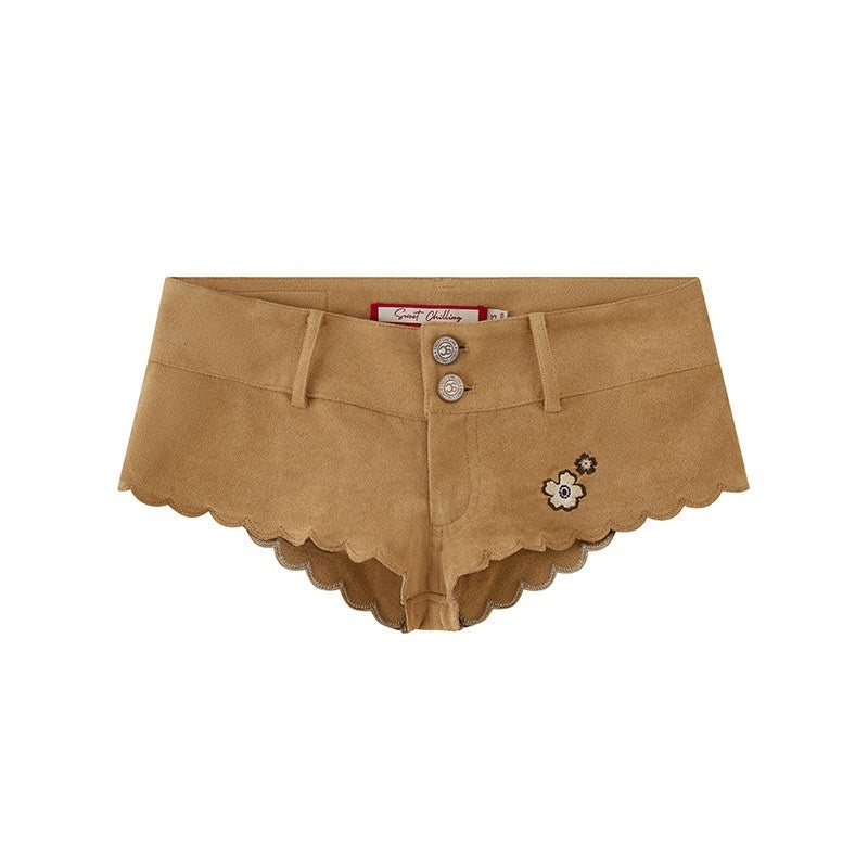 SweetChilling_Khaki_Embroidered_Faux_Suede_Vest_Hotpants_Women&