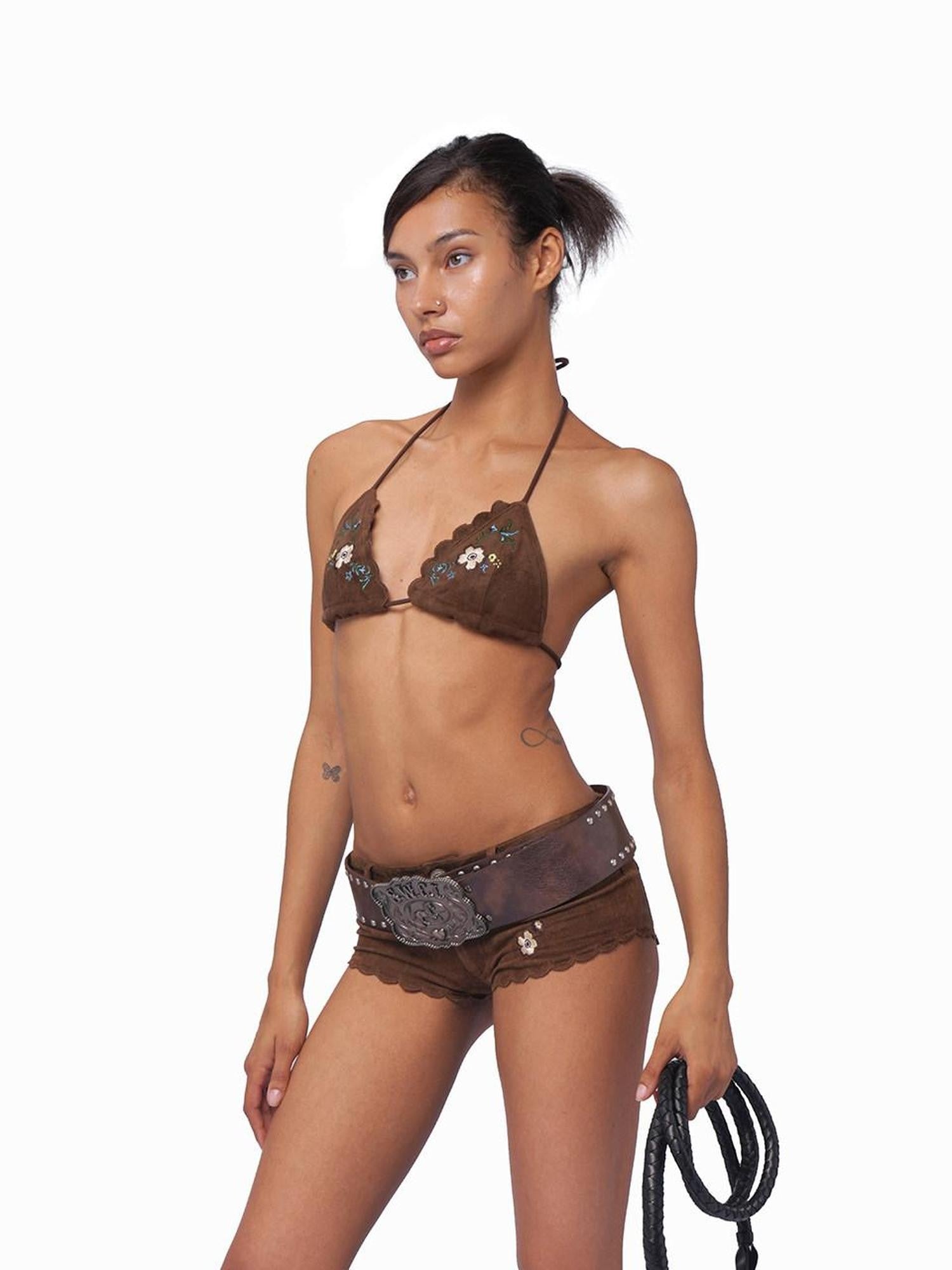 SweetChilling Khaki Embroidered Faux Suede Vest Hotpants Women&