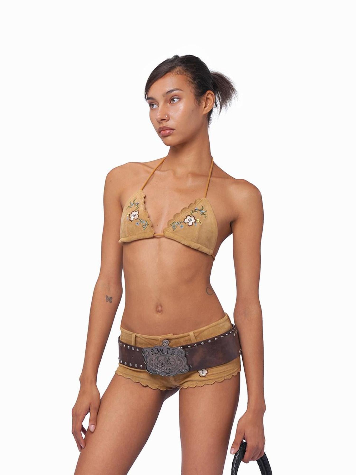 SweetChilling Khaki Embroidered Faux Suede Vest Hotpants Women&