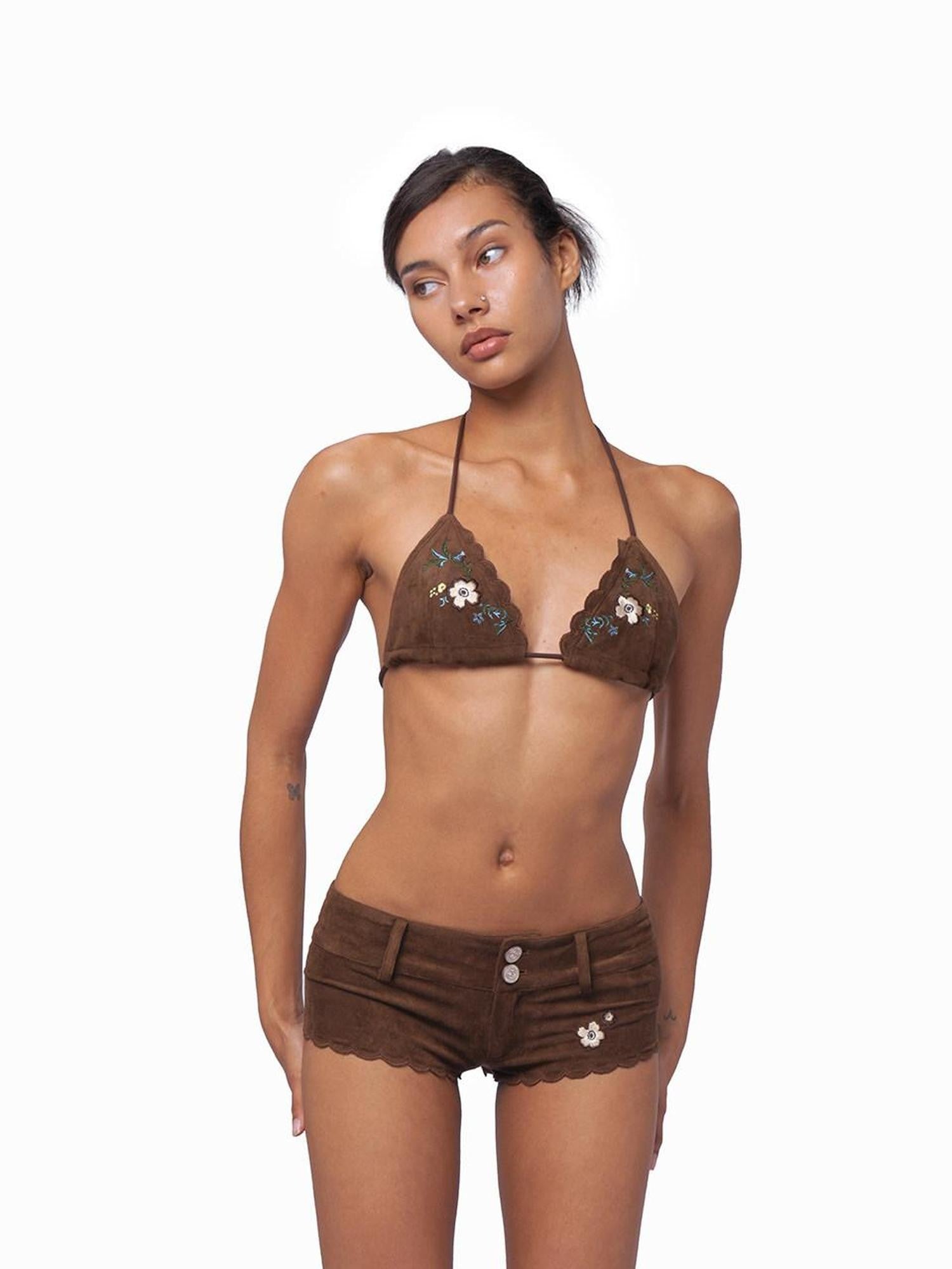 SweetChilling Khaki Embroidered Faux Suede Vest Hotpants Women&
