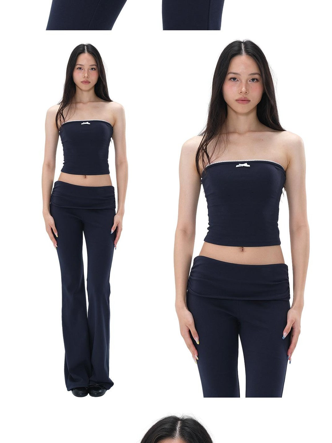 SweetChilling Knitted Strapless Crop Top Fold Over Waist Flared Pants Women&