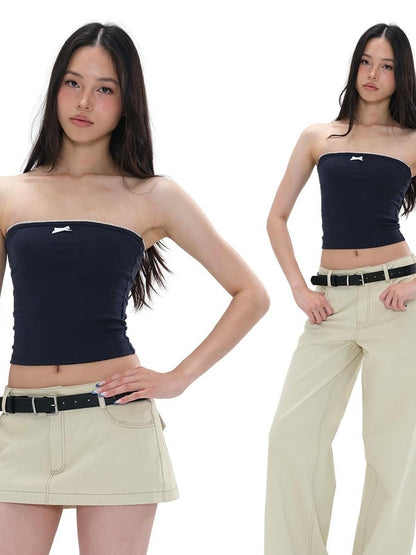 SweetChilling Knitted Strapless Crop Top Fold Over Waist Flared Pants Women&