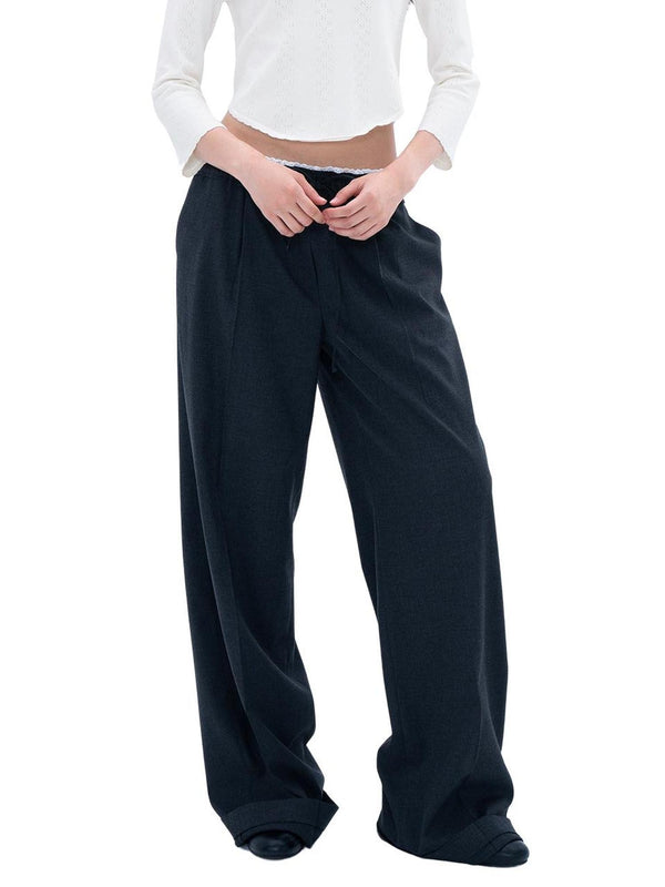 Lace Spliced Belted Straight Leg Women's Polyester Tailored Pants