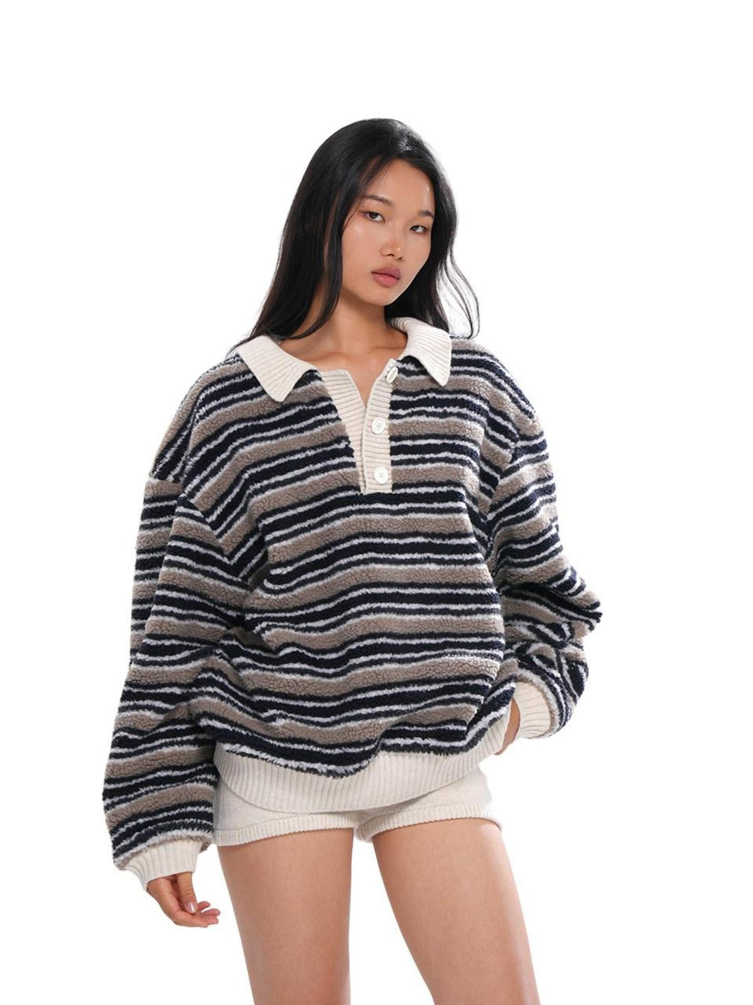 SweetChilling Layered Fleece Polo Striped Women&