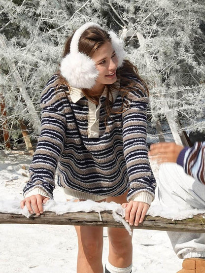 SweetChilling Layered Fleece Polo Striped Women&