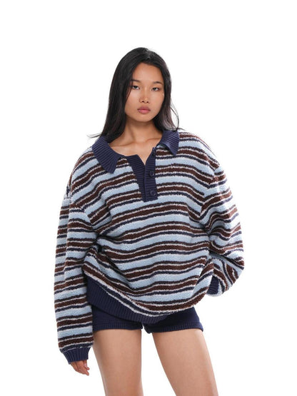 SweetChilling Layered Fleece Polo Striped Women&