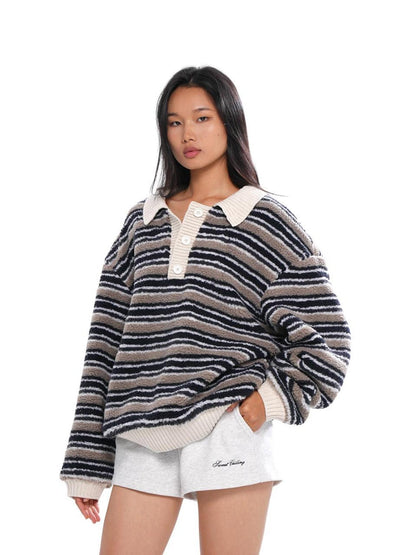 SweetChilling Layered Fleece Polo Striped Women&