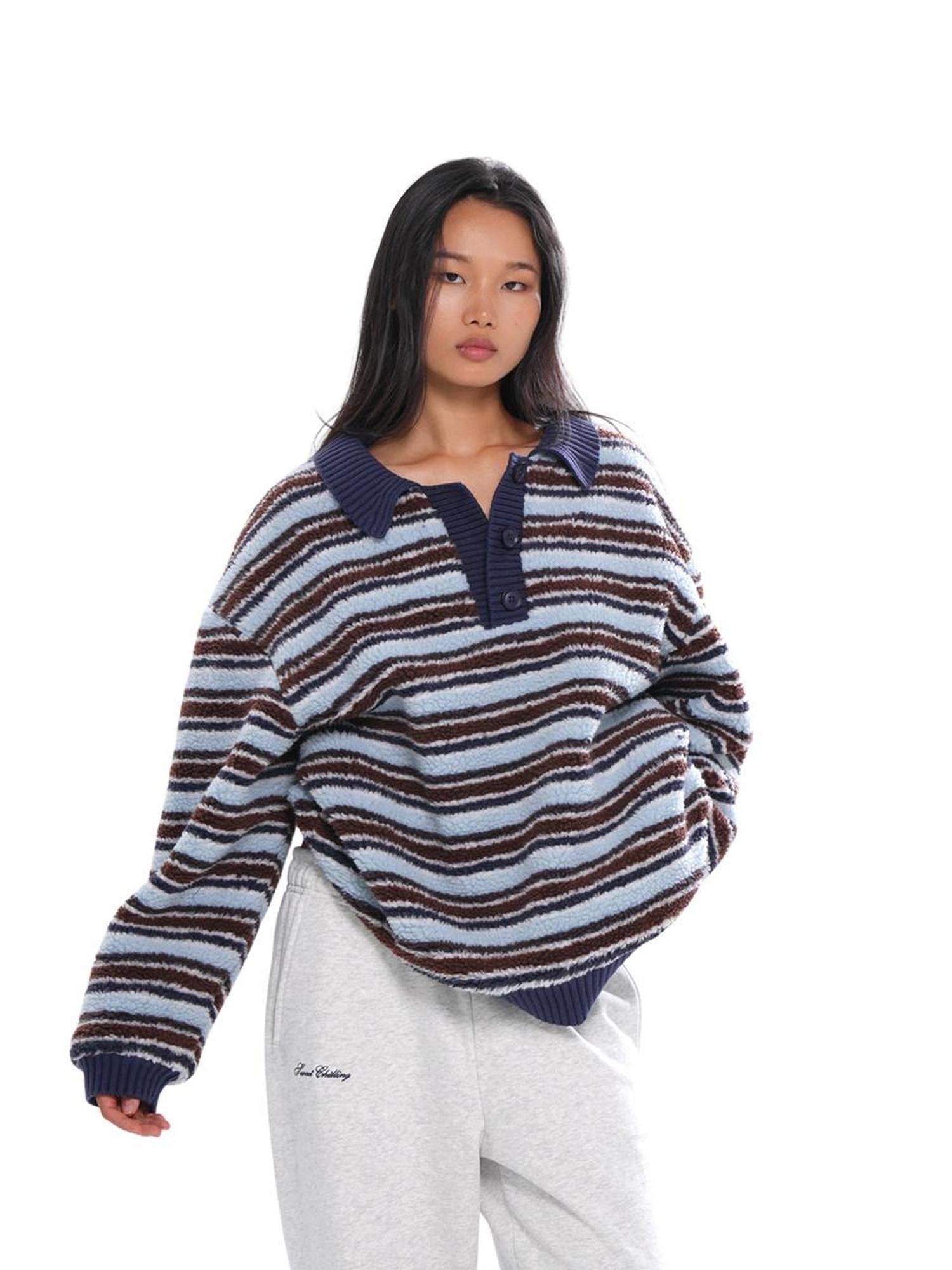 SweetChilling Layered Fleece Polo Striped Women&