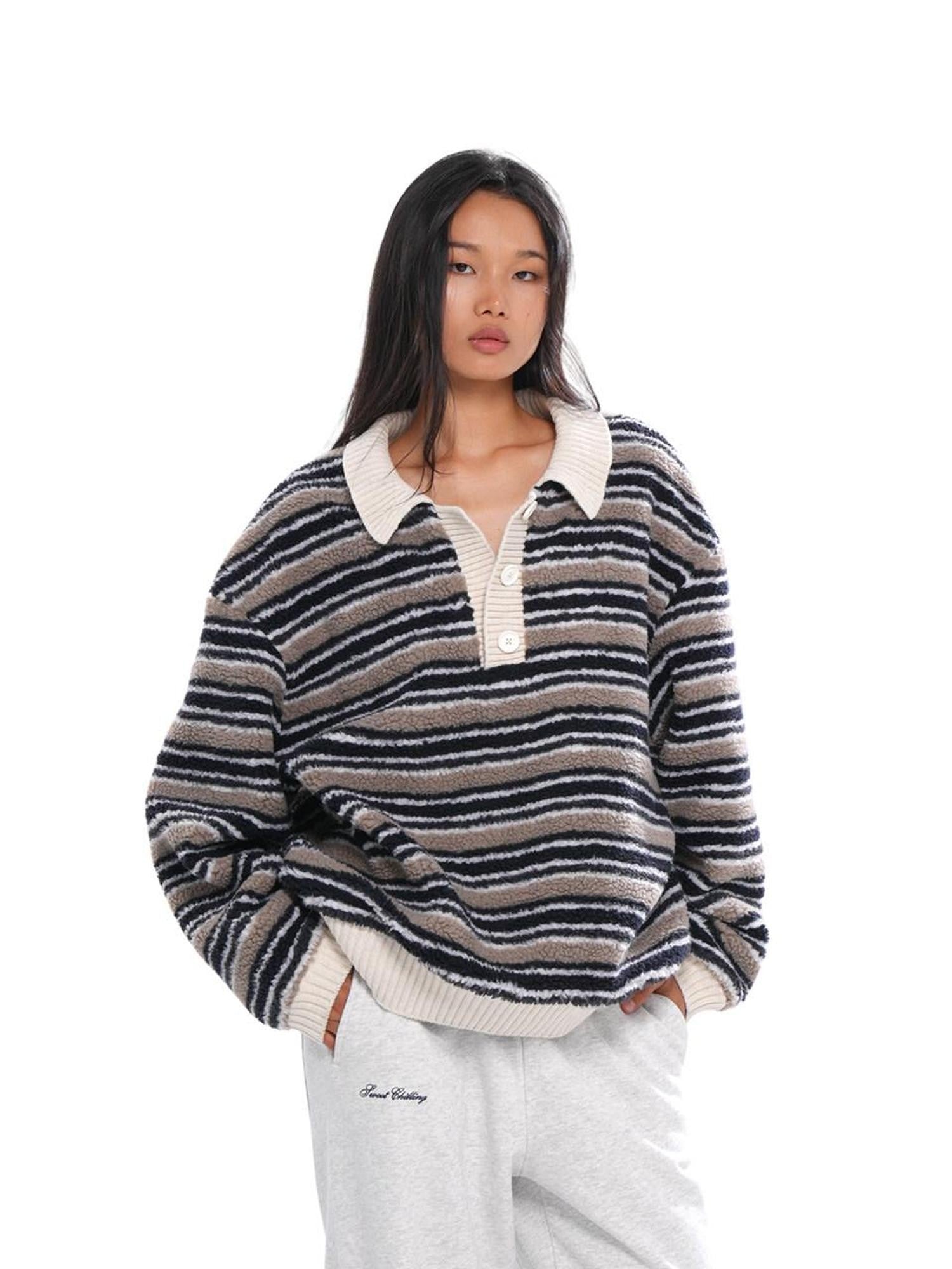 SweetChilling Layered Fleece Polo Striped Women&